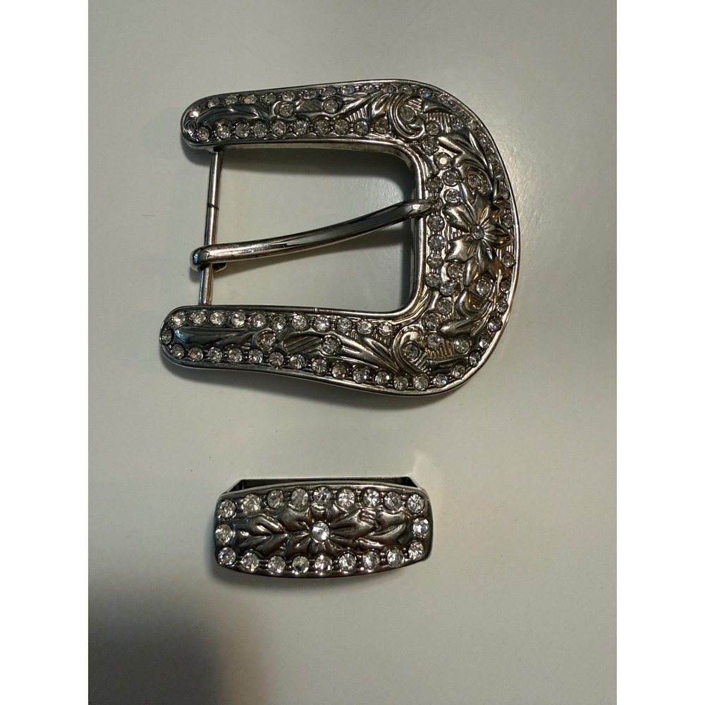 Western Floral Rhinestone Belt Buckle Set Silver Tone Engraved Cowgirl Hardware